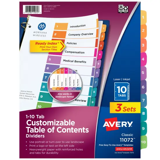 Avery Dividers for 3 Ring Binders, 10 Tabs per Set, Customizable Table of Contents, Multicolor Tabs (3 Sets of 11072) {1}