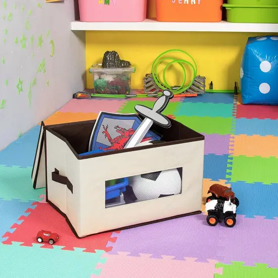 3 Pack Stackable Storage Bins With Lids, Handles, Foldable for Closet Organization (12 Inch, Cream) Brown {3}