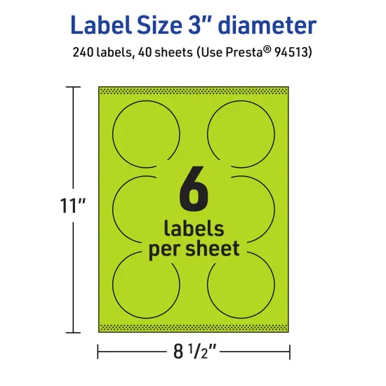 Avery Bright Green Paper Labels, 3" Diameter Round {5}
