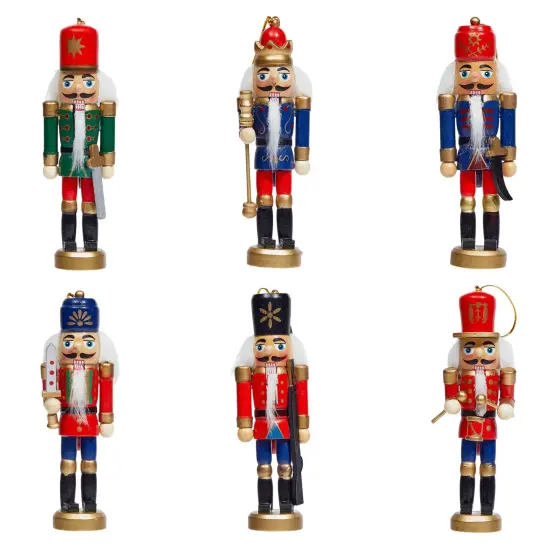 6 Pack Wood Nutcracker Ornaments for Christmas Tree, Rustic Holidays Decorations in 6 Designs (7.2 x 1.1 x 1.1 Inches) Red {1}