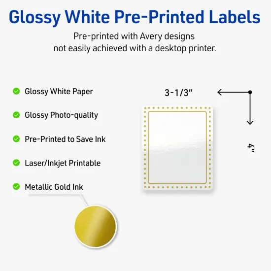 Avery Printable Rectangle Labels, Gold Border with Gold Dots, 4" x 3-1/3", Glossy White Rectangle Labels, Permanent, Laser/Inkjet, 40ct, Great for Product Labels {2}
