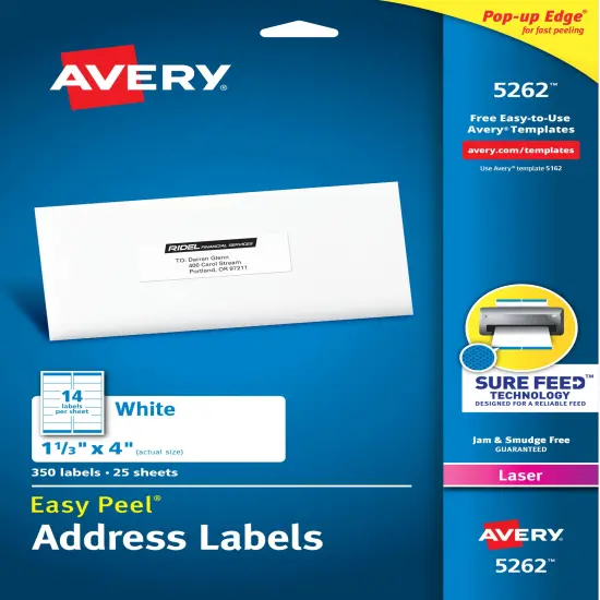 Avery Easy Peel Address Labels, Sure Feed Technology, Permanent Adhesive, 1-1/3" x 4", 350 Labels (5262) {1}