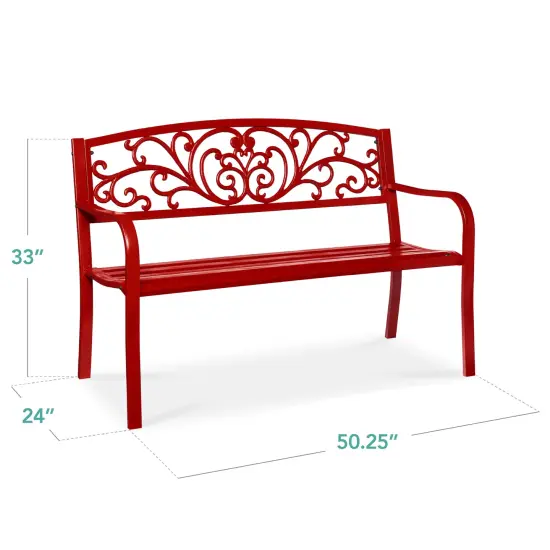 Best Choice Products Outdoor Steel Bench Garden Patio Porch Furniture w/ Floral Design Backrest Red {2}