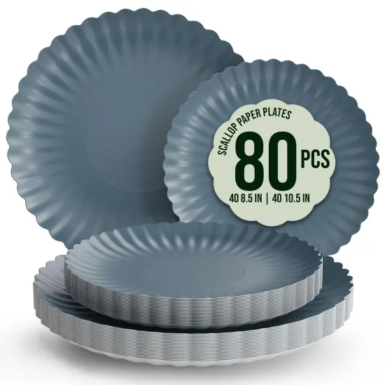 Earthtrends Scalloped Paper Plates 8.5 Inch & 10.5 Inch Dinner Plate Set &ndash; Fancy Disposable Plates for Party, Wedding, Birthday, Baby Shower &ndash; Large & Small Paper Plate Set for Parties, Events, Catering &ndash; ElegantFloral Design Slate Blue 80 {1}