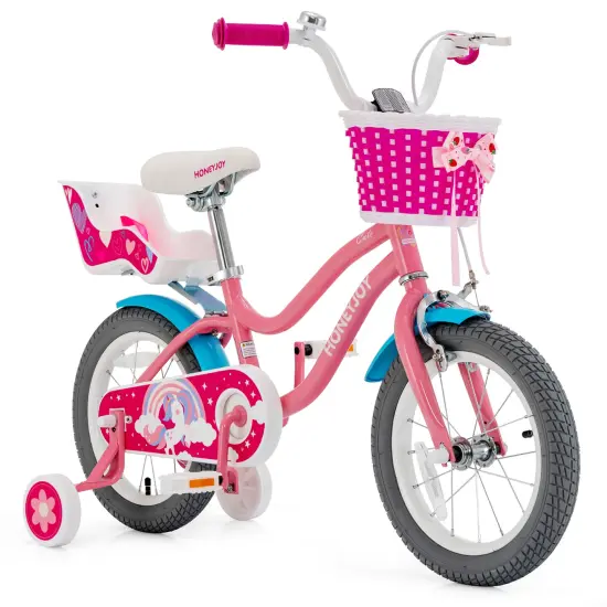 Honeyjoy 14/18 Inches Kids Bicycle with Training Wheels & Basket for Boys & Girls {1}