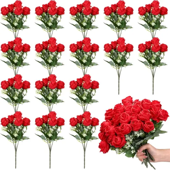 16 Pack Roses Artificial Flower Bouquets(Red) {1}