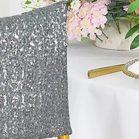1 Piece Silver Sequin Spandex Chair Cap 13.5 inch by 10 inch Banquet Cover {5}