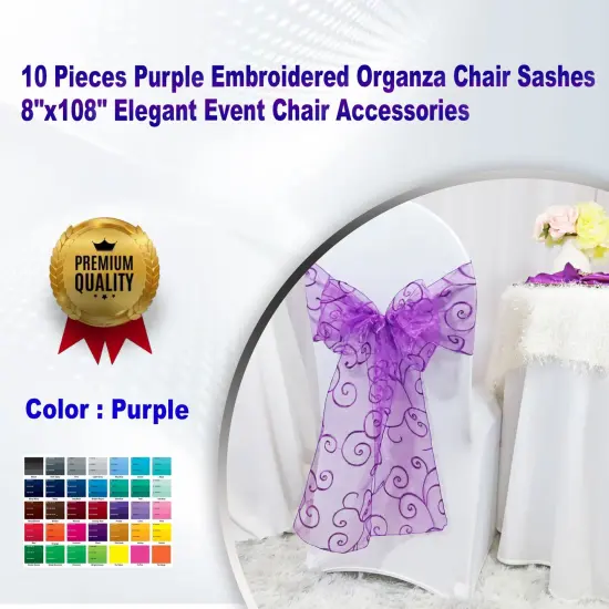 10 Pieces Purple Embroidered Organza Chair Sashes 8"x108" Elegant Event Chair Accessories {1}