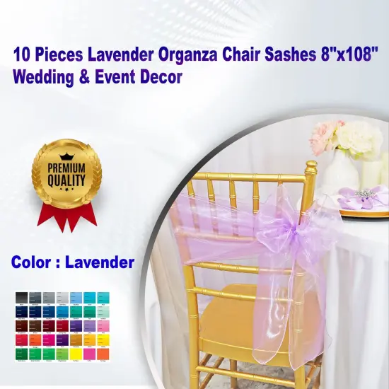 10 Pieces Lavender Organza Chair Sashes 8"x108" Wedding & Event Decor {1}