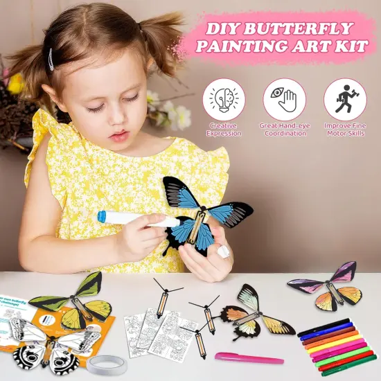 Butterfly Activity Craft Kit for Kids - Includes 23 Paper Butterflies and 13 Color Pens, Make Your Own Rubber Band Wind Up Butterfly Toy, Perfect for Party Games, School Activities, Surprise Cards {3}