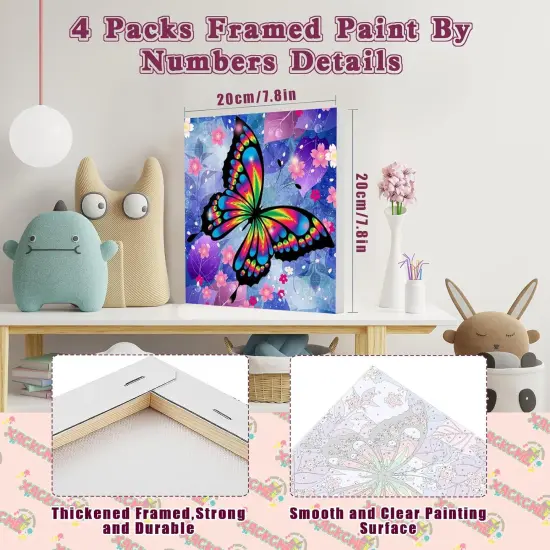 4 Pack Butterfly Paint by Number for Kids with Wooden Frame-Paint by Numbers for Kids Butterflies Ages 4-8-12,Easy Paint with Numbers DIY Acrylic Oil Painting Kits for Home Wall Decor(8X8inch) {2}