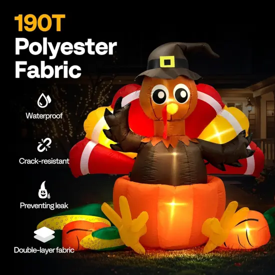 7ft Long Thanksgiving Inflatable LED Lighted Turkey Inside Pumpkin Blow up Outdoor Lawn Yard Decoration {3}
