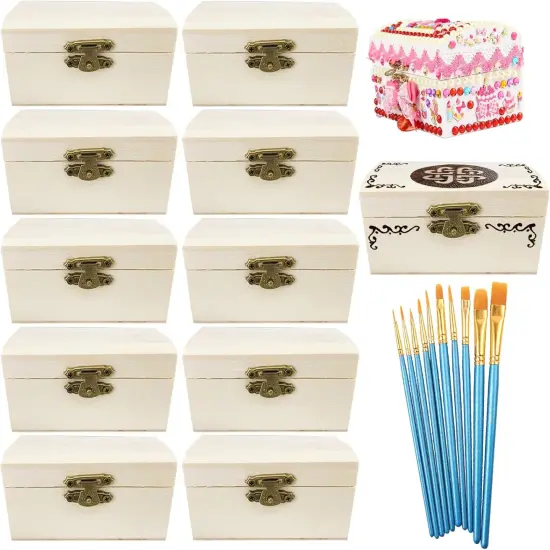 12 Piece Small Wooden Boxes with Hinged Lids Unfinished Wood Chest Decorate Mini Treasure Boxes {1}