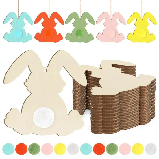 Wooden Rabbit Ornaments to Paint Easter Decoration Cutouts Unfinished 24PCS 3.5 x 3 inches, DIY Blank Bunny Unfinished Wood Discs Ornament for Home Crafts Hanging Spring Decoration {1}
