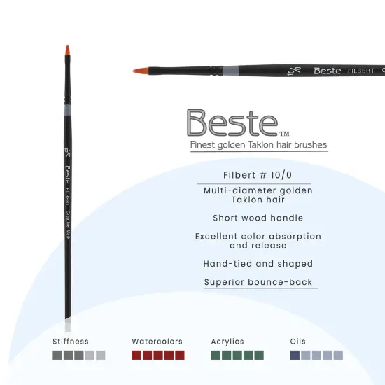 Creative Mark Beste Golden Taklon Filbert #10x0 - 3 Pack Artist Paint Brush, Professional Watercolor Brushes, For Acrylic Painting, Short Handle, Sharp Edges, Hand-Tied & Shaped {3}