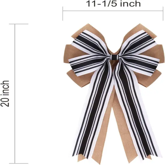 2 Pcs 20 x 10 Inch Large Double Burlap Bows Black and White Farmhouse Striped Wreaths Bow for Gift Wrapping Tree Topper Front Door Home Decorations {2}