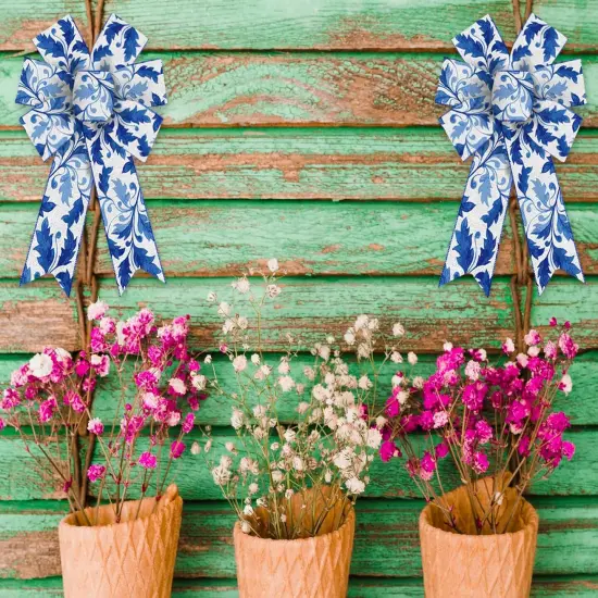 2 Pcs Spring Bow for Wreath, Spring Wreath Bows for Front Door Spring Flowers Bows Blue White Burlap Tree Topper Bows for Spring Indoor Outdoor Birthday Party Home Decoration {5}