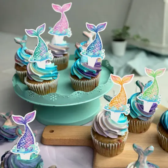 36pc Mermaid Tail Cupcake Toppers: Mini Under the Sea Mermaid Tail Cake Topper Decoration & Cupcake Picks for Birthday Parties & Baby Showers {5}