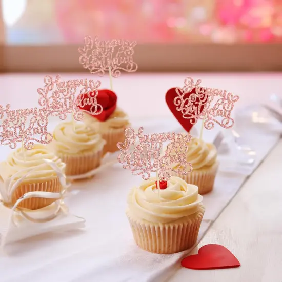 24Pcs Happy Birthday Cupcake Toppers Glitter Happy Birthday Cupcake Picks for Celebrating Happy Birthday Anniversary Theme Party Cake Decorations Supplies Rose Gold {4}