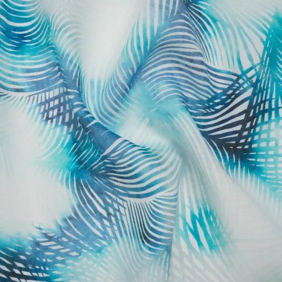 1 Yard Sahara Blue White Linen Fabric Medium Weight Palm Leaves 58 inch Width {1}