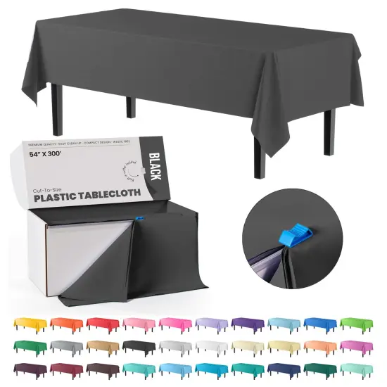  Party Solids 54" x 300' Plastic Table Cover Roll with Slide Cutter &ndash; Cut-to-Size Dispenser Box &ndash; Makes Up to 36 Disposable 8' Rectangle Tablecloths by Exquisite Black {1}
