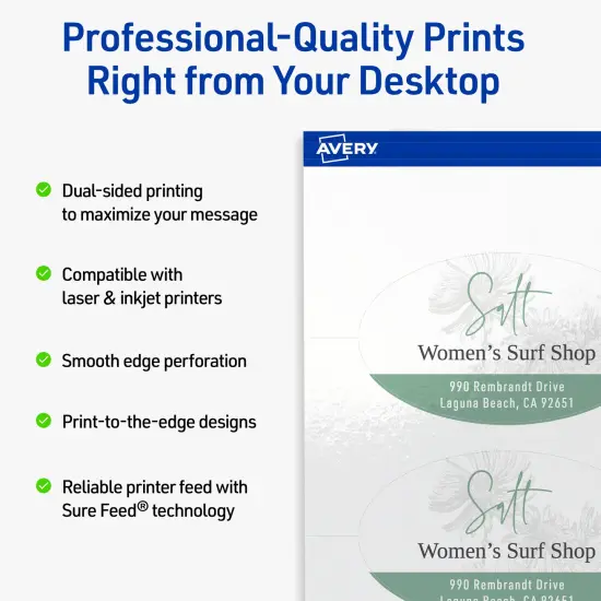 Avery Printable Oval Business Cards, Sure Feed Technology, 2" x 3-1/2", Glossy White Cardstock, Print-to-The-Edge, Laser/Inkjet Printable, 80 Total {8}