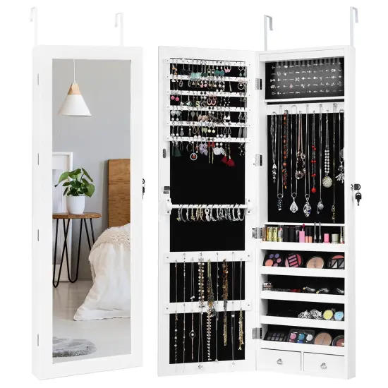 Costway Wall Door Mounted Mirror Jewelry Cabinet Organizer w/LED Light {1}
