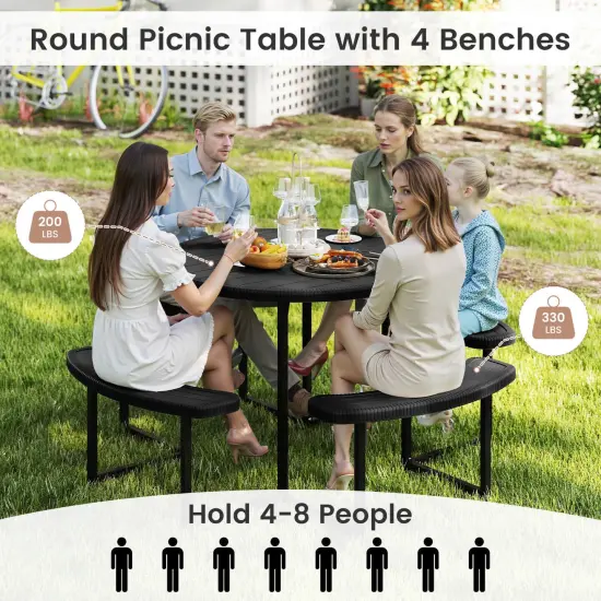 Costway Round Picnic Table Bench Set with 4 Benches Umbrella Hole All Weather Tabletop White/Green/Gray/Black {12}