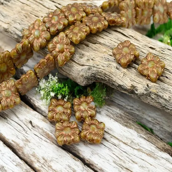 *13* 11mm Bronze Washed Pale Blue Travertine Square Zinnia Flower Beads {3}