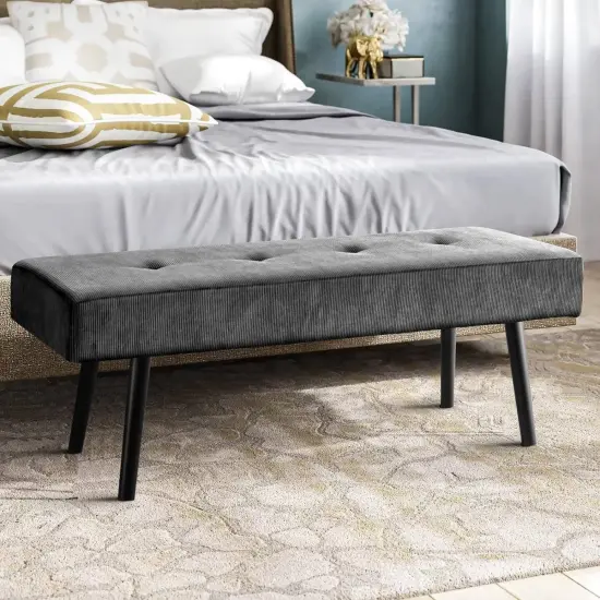 Modern Corduroy Upholstered End of Bed Searing Bench with Black Metal Legs for Living Room Grey {1}