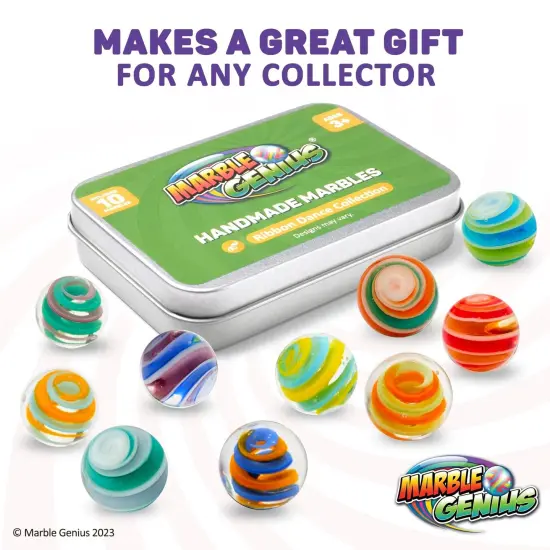 Marble Genius Collectors Marbles, Ribbons, 16mm (⅝ Inch), 10 Handmade Glass Marbles, Gifts for Marble Lovers, Gifts for Kids Ages 3-14 {6}