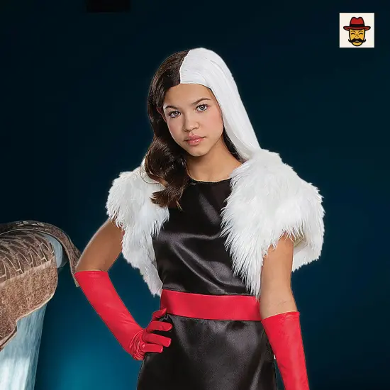 Tween Kids Disney Cruella Costume, Black Satin Dress with Faux Fur Bolero and Red Gloves {2}