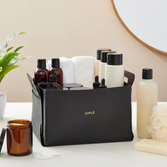 2 Pack Faux Leather Foldable Storage Bins with Handles, Collapsible Baskets for Home Organization (Black, 10 x 6.5 In) {2}