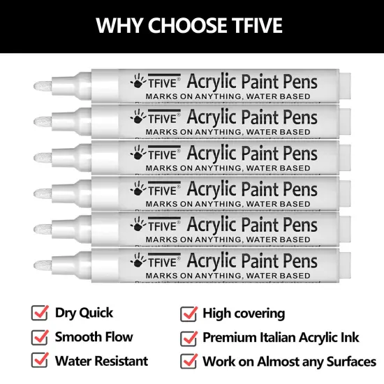 6 Pieces White Acrylic Paint Marker Pens - 2-3mm Medium Tip,Permanent White Water Based Paint Pen for DIY Projects, Paintings for Rock, Fabric, Wood, Leather, Metal, Ceramics, Paper, Glass, Plastic {1}