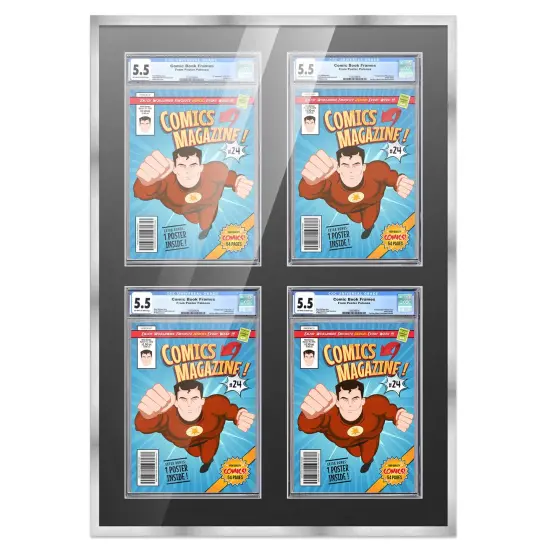 Comic Book Frame with Mat for 4 Graded Comics - Silver Wood Comic Frame With Black Mat for 8.125x13 Comics - 20.75x30.5 Frame Size {1}