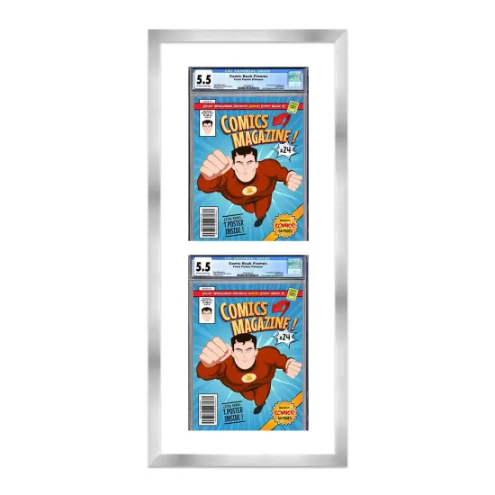 Comic Book Display Frame for CGC, PGX Graded, Slabed Comics - Silver Wood Comic Frame With White Mat for 8.125x13 Comics, 18 Frame Sizes {1}