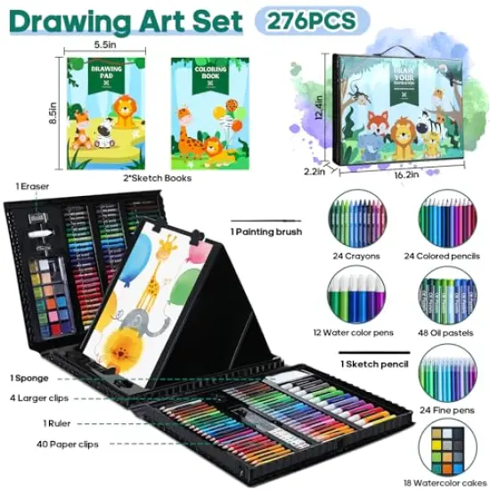 276 PCS Art Set for Kids, Art Kits, Art Drawing Kit with Double Sided Trifold Easel Box with Oil Pastels, Crayons, Colored Pencils, Paint Brush, Watercolor Cakes {1}