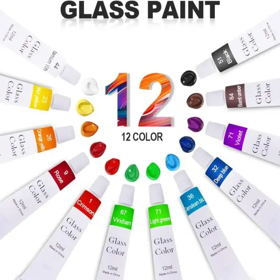 12 Pieces Stained Glass Paint Kit with Palette,Transparent Glass Window Paint Acrylic Paint Set Great for Wine Bottle, Light Bulbs, Ceramic ( 12ml) {1}