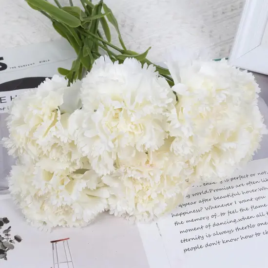 White Carnations Artificial Flowers 8pcs Silk Carnations White Fake Flowers Large Faux Carnations for Wedding Bouquets for Bride Baby Shower Centerpieces Table Decor (White) {2}