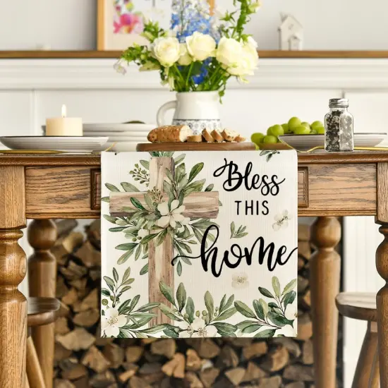 Cross Olive Leaves Spring Table Runner,Seasonal Summer Easter Kitchen Dining Table Decoration for Home Party Decor 13x72 Inch {2}
