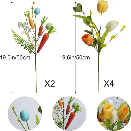 Easter Eggs Picks for Easter Table Decor, 6 Pcs Artificial Spring Flowers Stems Easter Sprays Picks 19.6 Inch Floral Picks with Eggs Tulips and Carrots for Home Vase Spring Centerpieces Decor {2}