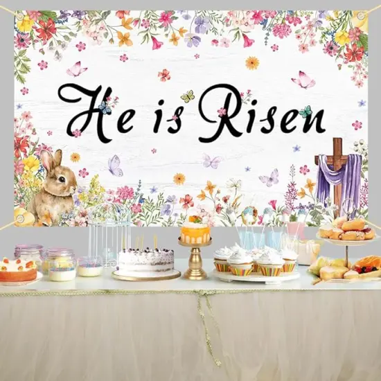 He Is Risen Backdrop Happy Easter Spring Banner Bunny Grass Jesus Cross Outdoor Indoor Front Door Wall Fence Background Decorations for Easter Festival 70.8 x 43.3 inch {3}