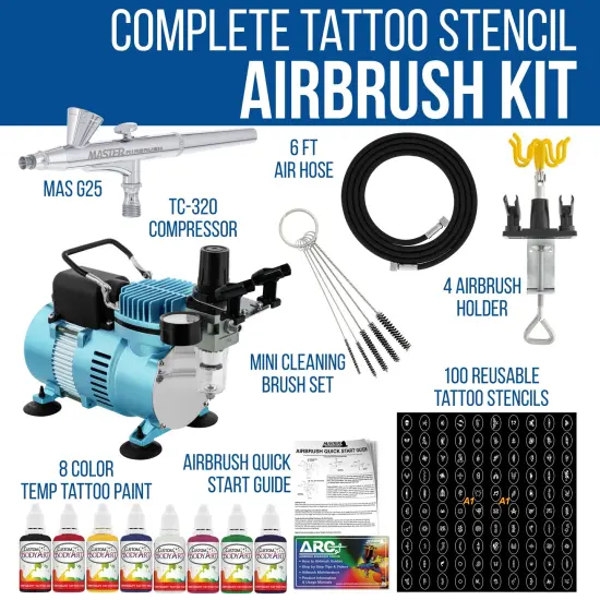 Cool Runner II Dual Fan Air Compressor Custom Body Art System with Gravity Feed Airbrush, 8 Color Temp Tattoo Paint Set, 100 Stencils {2}
