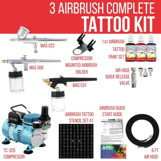 Cool Runner II Dual Fan Air Compressor Custom Body Art Airbrushing System with 3 Airbrush Sets, 3 Color Temp Tattoo Paint Set, 100 Stencils {2}