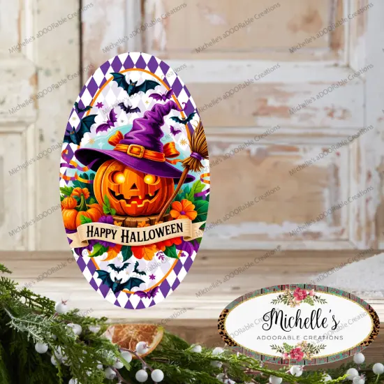 Purple Happy Halloween Pumpkin Oval Sign {3}