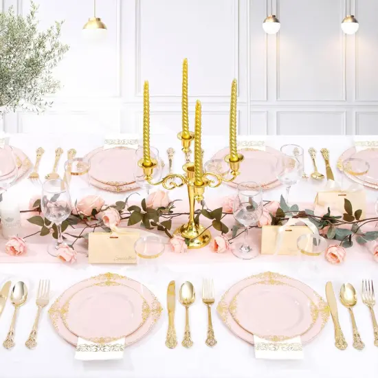 700PCS Pink and Gold Plastic Dinnerware Set &ndash; Disposable Plates, Silverware, Cups & Napkins for Wedding, Party & Events {6}