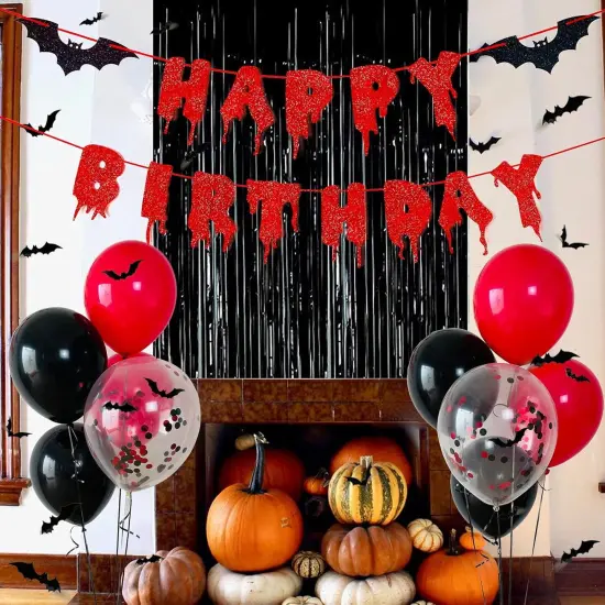 Red Glittery Happy Birthday Halloween Banner Black Foil Curtains Backdrop {4}