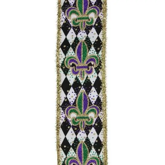 2.5" Fleur De Lis Harlequin Tinsel Ribbon: Mardi Gras (10 Yards) {3}