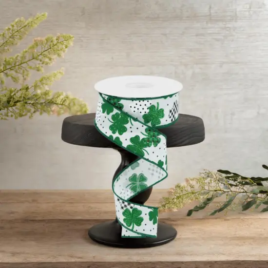 1.5" Pattern Shamrock Ribbon: White (10 Yards) {2}