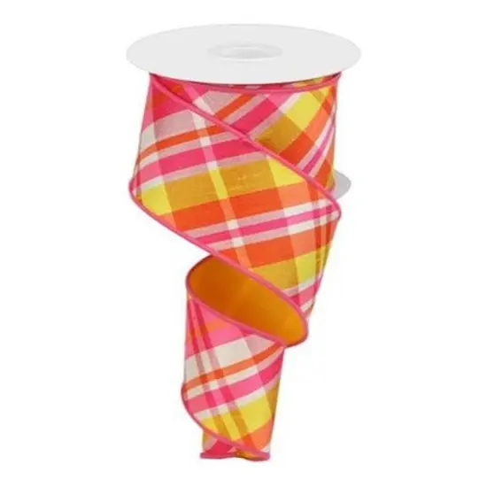2.5" Diagonal Plaid Fused Ribbon: Hot Pink/Yellow (10 Yards) {1}